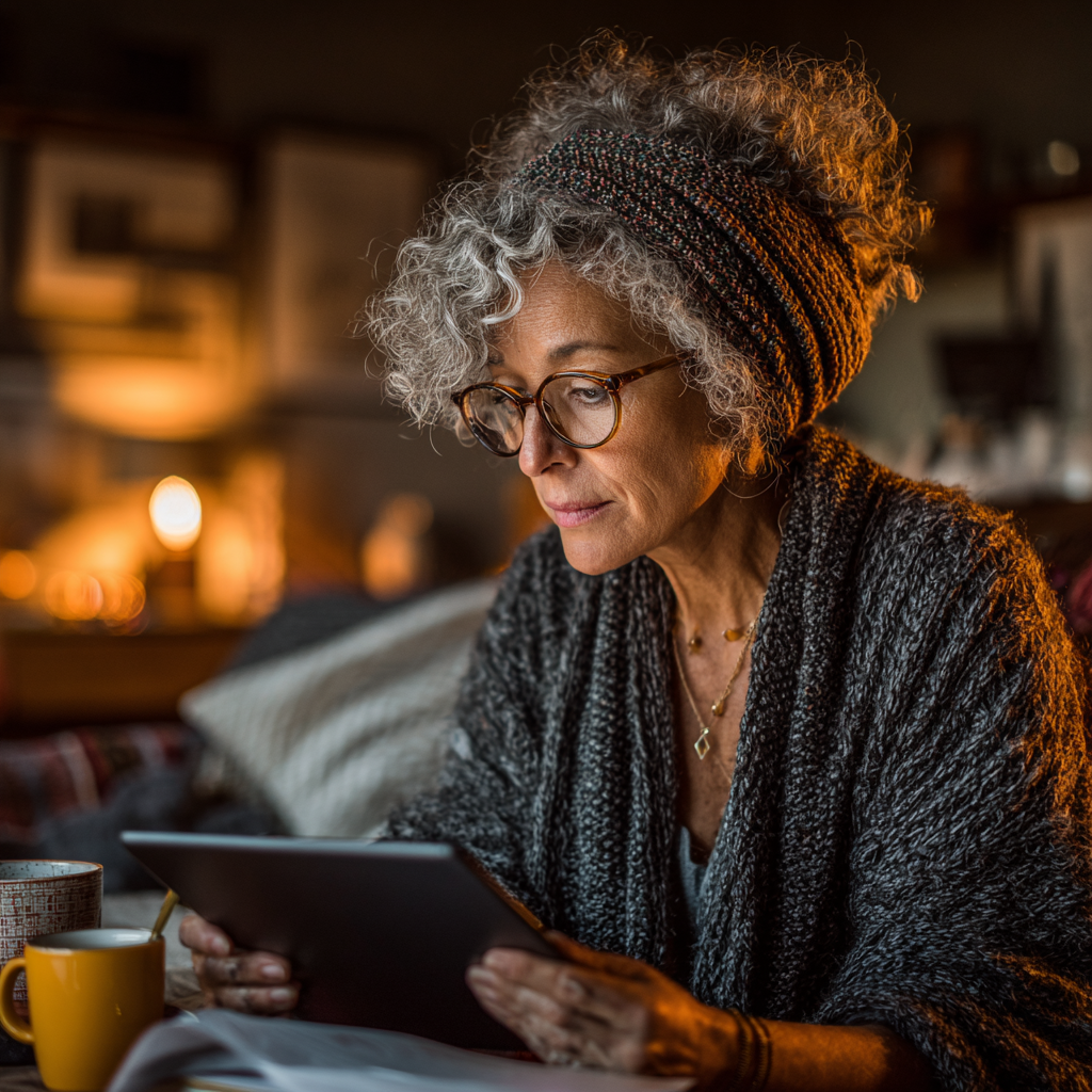 Жена на 52 години разглежда персонализирано меню на таблет в уютна дневна