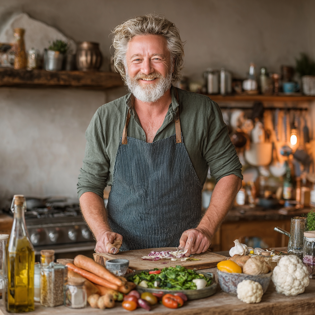Мъж на 58 години готви здравословна храна в кухнята, усмихнат и доволен