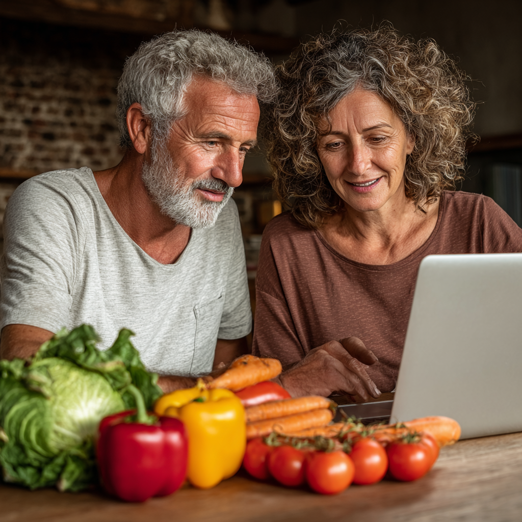 Двойка на 56 и 58 години чете информация за здравословно хранене на лаптоп
