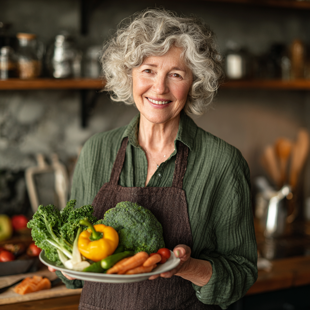 Усмихната жена на 55 години държи чиния със здравословна храна в модерна кухня